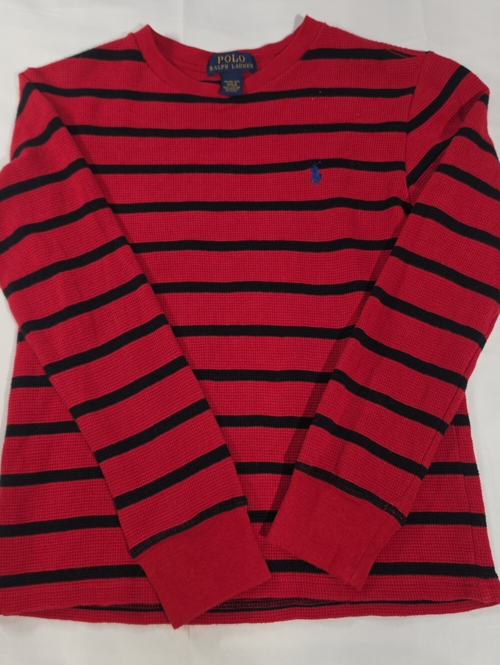 Polo Ralph Lauren Kids Red Black Striped Long Sleeve T-Shirt Size M 10-12 Waffle